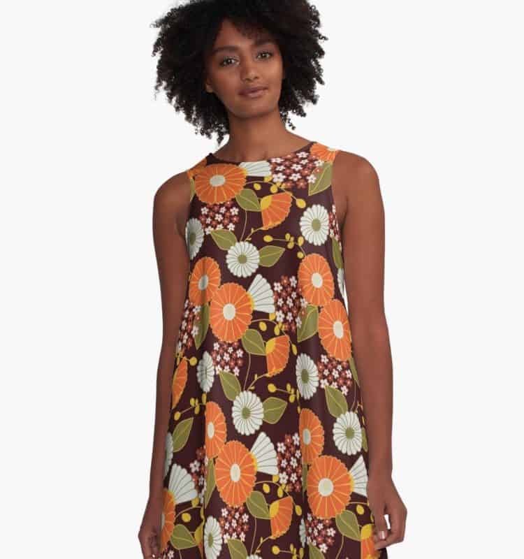 Orange, Red, Yellow and Green Retro Flowers A-Line Dress Redbubble
