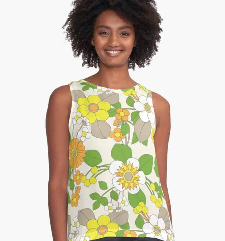 Yellow, Orange and White Retro Flowers on Ivory Background Contrast Tank Redbubble
