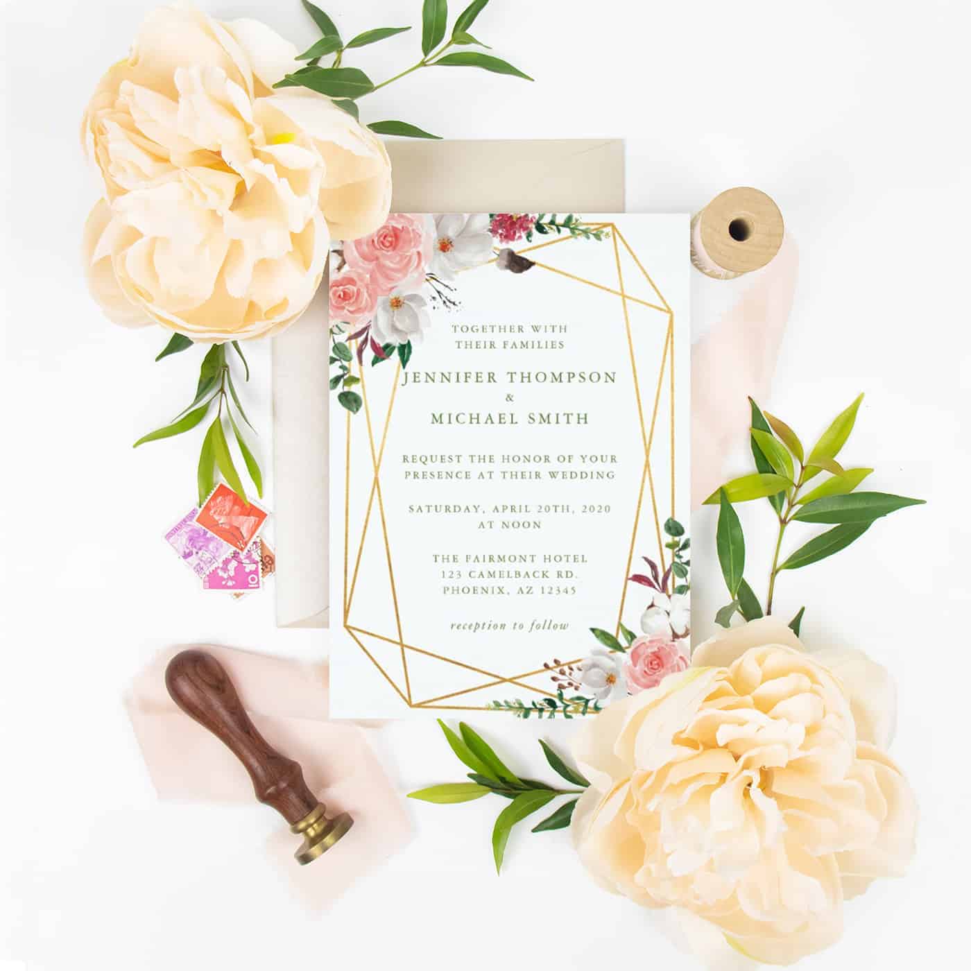 Pink & Peach Watercolor Gold Geometric Wedding Invitations on Zazzle