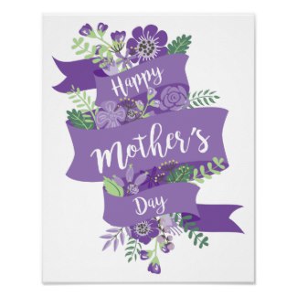 Happy Mother's Day Purple Ribbon and Flowers Print