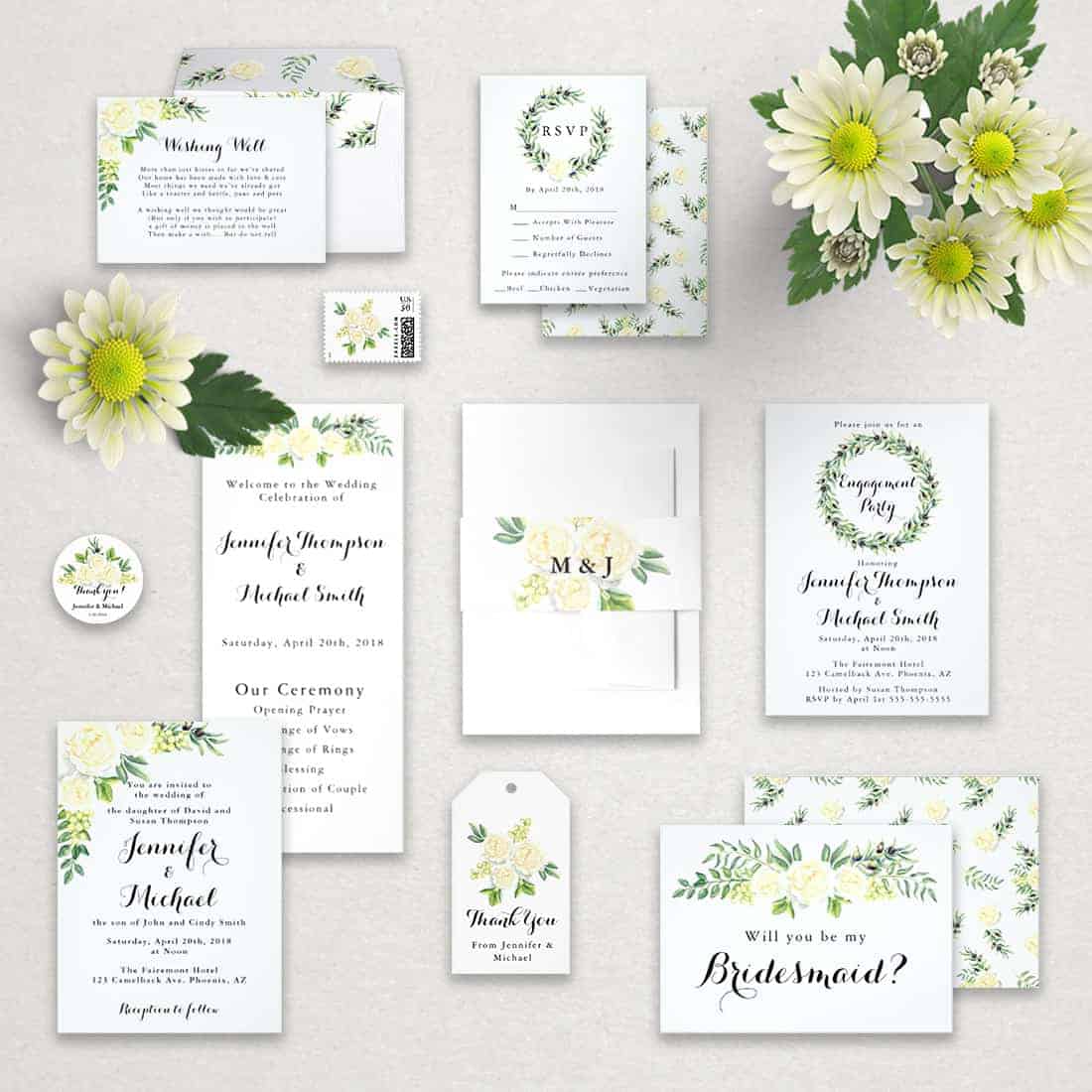 Zazzle Wedding Invitations for Summer- White Roses & Green Leaves Wedding