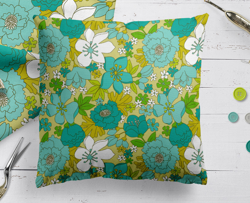 A New Turquoise, White and Olive Green Retro Floral Pattern at Society6