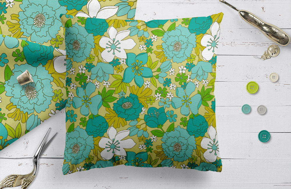 A New Turquoise, White and Olive Green Retro Floral Pattern at Society6
