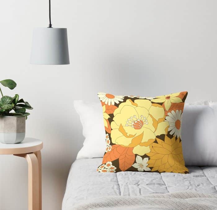 Yellow, Orange and Brown Vintage Floral Pattern on Redbubble floor pillow